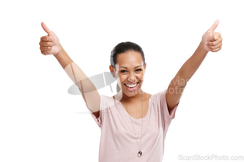 Image of Portrait, thumbs up and mockup with a black woman in studio isolated on a white background for agreement. Thank you, hands and goal with a female cheering in celebration on blank marketing space