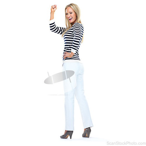 Image of Happy woman, portrait or success fist on isolated white background for marketing deal, advertising goals or growth. Smile, creative or designer with celebration hand gesture on mockup studio backdrop