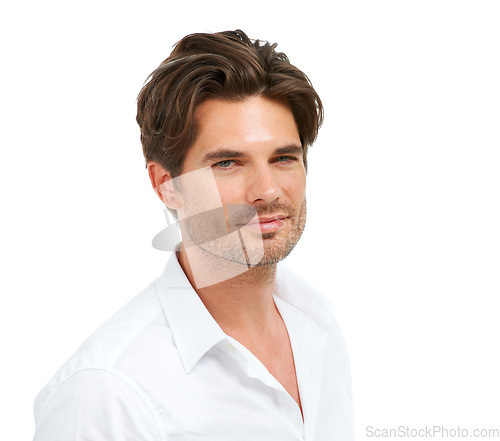 Image of Portrait, beauty and fashion with a handsome man in studio isolated on a white background as a model. Face, aesthetic and an attractive young male posing as a fashion model for contemporary style