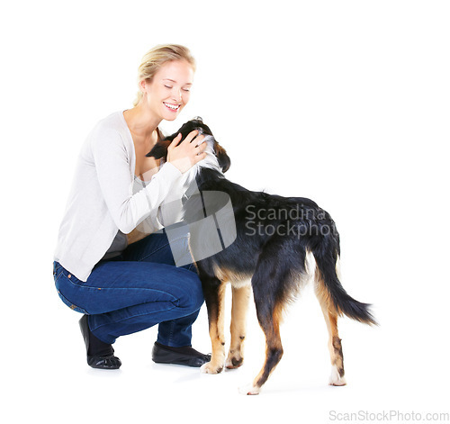 Image of Love, pets and woman with dog and smile on white background with mockup and product placement. Best friends, happy woman and animal playing and training with pet care and loyalty together in studio.