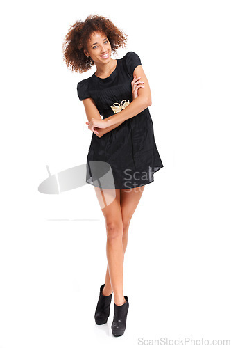 Image of Black woman, smile portrait and fashion motivation in white background studio for trendy, cool or modern style. Young african girl, model happiness and arms crossed for Nigeria designer confidence