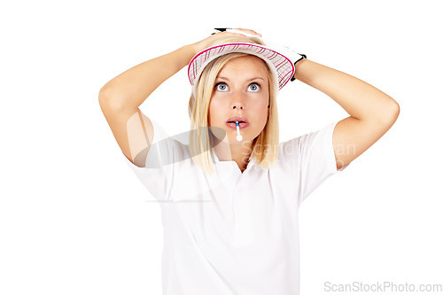 Image of Golf, mistake and game with a sports woman in studio isolated on a white background looking worried. Shocked, surprised and biting a tee with a female golfer standing hands on head on blank space