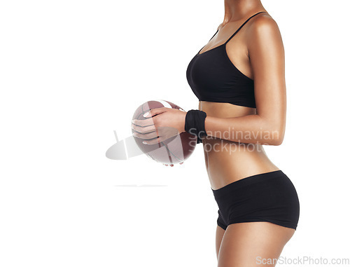 Image of Sports, studio mockup and black woman with football for exercise fitness, competition game or performance challenge. Mock up profile, workout and training football player isolated on white background