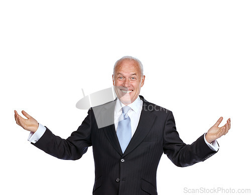 Image of Senior businessman, raised hands and smile portrait for success, corporate goals and motivation isolated in white background. Elderly man, happy and excited with arms in air for ceo work celebration