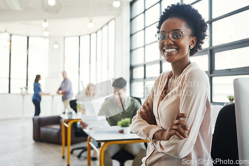 Image of Leader, black woman and office portrait with business people for success, vision and smile at web design agency. Creative woman, leadership and modern office by blurred background for career goals