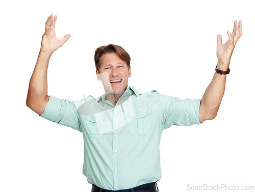 Image of Portrait, man and hands in air, excited and celebration for achievement with guy isolated on white studio background. Male person, entrepreneur and confident gentleman cheering, happiness and winning