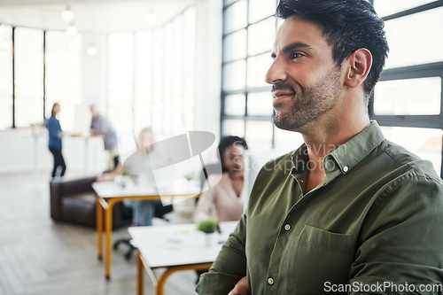 Image of Creative businessman, smile and thinking for idea, strategy or marketing design plan at the office. Happy employee man designer contemplating, day dreaming or looking away in thought for startup