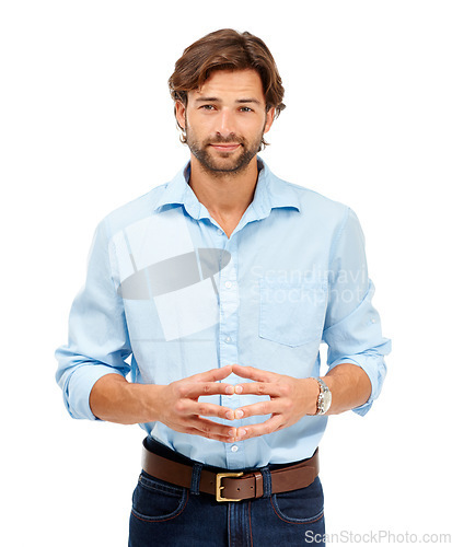 Image of Business man, smile and portrait of a young professional thinking about corporate job. White background, isolated and studio with a male model with happiness and hands together smiling with an idea