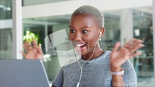 Image of Video call, meeting and training with a business woman talking online for a workshop, coaching or seminar. Internet, strategy and webinar with a young female employee working and speaking on a laptop