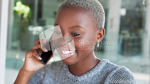 Image of Phone call, business woman and laptop planning in a corporate office with black employee talking to client. Time management, schedule and professional face of African American planner enjoying career