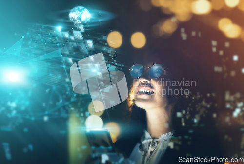 Image of Woman, tech overlay and cellphone in office for finance research, data analytics or coding in night. Cybersecurity expert, focus and happy in dark workplace with 3d hologram abstract for programming