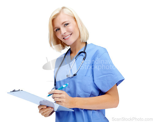Image of Portrait, healthcare and writing with a nurse woman in studio isolated on a white background for insurance. Hospital, health and medical with a female medicine professional doctor with a clipboard