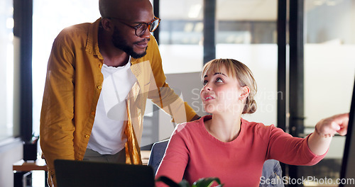 Image of Corporate black man, woman and point at computer, schedule or planning for learning at marketing job. Mentor, teaching and help for man, employee and reading on pc, internet or social media for SEO