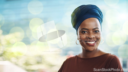 Image of Corporate black woman, portrait and smile with vision, goals and motivation by blurred background. Female African ceo, business leader and focus with happiness, excited face and mission for success