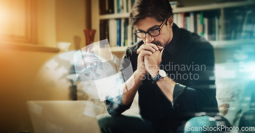 Image of Overlay, hologram and man with laptop, thinking and opportunity for development, futuristic and information technology. Future, male and gentleman with device, focus and decisions for economy growth