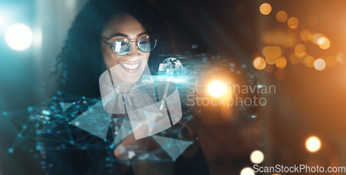 Image of Overlay, global tech and black woman at night for information technology, research or digital job. Iot, smile and future 3d world hologram in dark, person networking with cloud computing dashboard