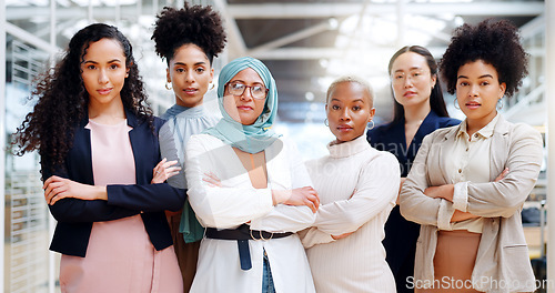 Image of Leadership, empowerment and woman in hijab with team at creative marketing startup company. Teamwork, diversity and confident group of women with focus and power in advertising industry in office.