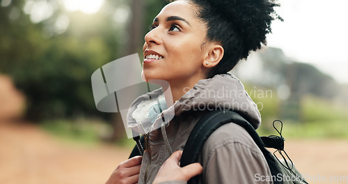 Image of Beauty, sunshine and freedom for girl hiking in nature forest or woods for peace, fitness exercise or training workout. Travel adventure, wellness journey or black woman trekking in Amazon Rainforest