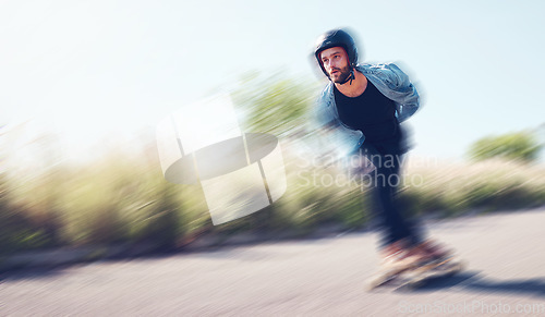 Image of Motion blur, skateboard and mockup with a sports man skating outdoor on an asphalt street at speed. Balance, fast and mock up with a male skater on a road for fun, freedom or training outside