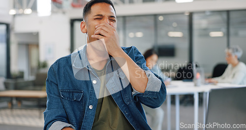 Image of Businessman, yawning or desk sleeping in modern office, digital marketing startup or advertising branding company. Tired, fatigue or exhausted creative designer and laptop technology or bored burnout