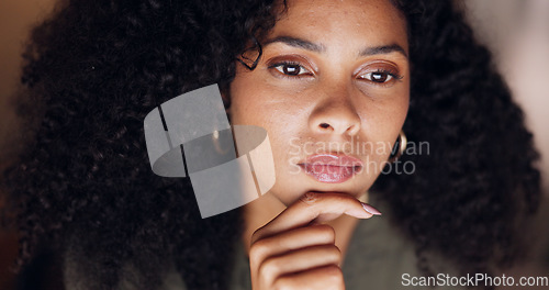 Image of Work, overtime and thinking, business woman with idea working late on corporate startup company project or report. Night at office, deadline and black woman with serious commitment to evening trade.