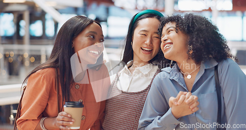 Image of Friends, women portrait and happiness while together at a shopping mall for coffee, reunion and fun with diversity, travel and bonding. Face of different race group holding hands for gratitude