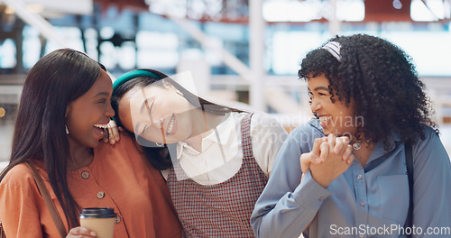 Image of Friends, women portrait and happiness while together at a shopping mall for coffee, reunion and fun with diversity, travel and bonding. Face of different race group holding hands for gratitude