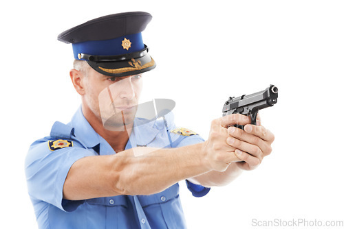 Image of Man, police officer and pointing gun standing ready to fire or shoot isolated on a white studio background. Male security guard or detective holding firearm to uphold the law, stop crime or violence