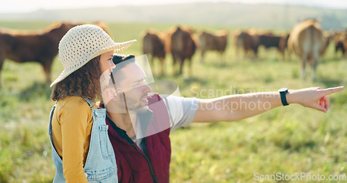 Image of Father and daughter bonding on a cattle farm, talking and having fun while looking at animals in nature. Love, family and girl learning about livestock with caring parent, enjoying conversation