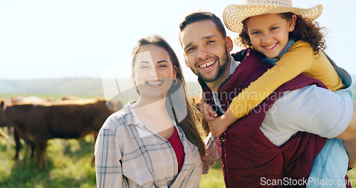 Image of Man, woman and girl bonding on farm in nature environment, sustainability agriculture and farming cows landscape. Portrait, smile and happy child in piggyback with farmer family and Argentina parents