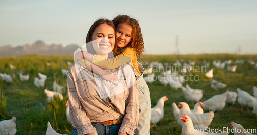 Image of Hug, child and mother on a farm with chicken on mothers day, travel or holiday in Argentina together. Happy, portrait and kiss from girl with her mama on a field with animals during vacation