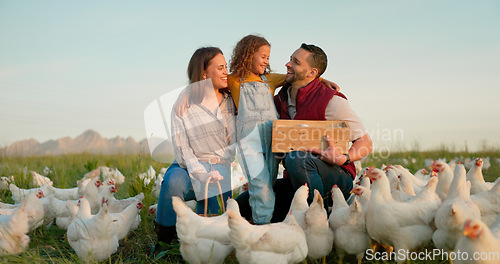 Image of Chicken farming, eggs and family on field for sustainability love, care and countryside lifestyle on blue sky mock up. Agriculture, sustainable mother, father with child for food production industry