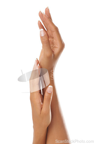 Image of Woman hands, manicure and skincare dermatology wellness, cosmetics skin care and salon nails treatment in white background. Hand model, luxury cosmetics and palm body care or self care un studio