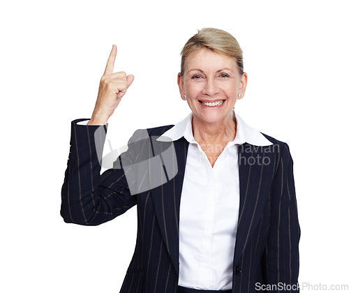 Image of Senior businesswoman, smile portrait and pointing finger up in white background for suggestions, product placement and mockup. Elderly person, happy face and manager hand gesture isolated in studio