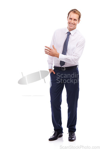 Image of Businessman, smile portrait and manager standing in white background for success motivation. Corporate man, happy and employee welcome, positive mindset and confident happiness isolated in studio