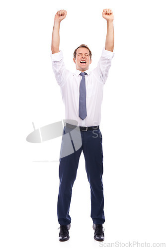 Image of Business man, celebration and winner jumping for employee goals, success happiness and announcement in white background. Corporate worker, happy and hands celebrate achievement isolated in studio