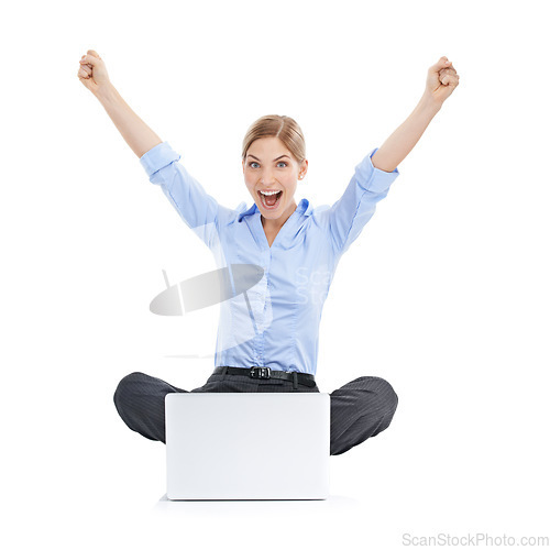 Image of Success, celebration and business woman with laptop in studio isolated on white background. Winner, computer or portrait of female celebrating goals, target achievement or victory, lottery or winning