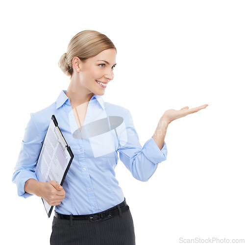 Image of Business woman, hand and palm for clipboard promotion, recruitment advertising branding and contract marketing. Smile, happy worker and hr manager showing mock up space on isolated white background