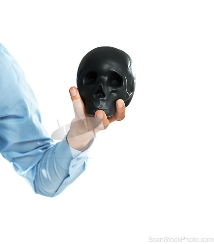 Image of Death, danger and emoji with a skull in the hand of a man in studio isolated on a white background. Theater, mockup and anatomy with an actor on blank space for art, performance or philosophy