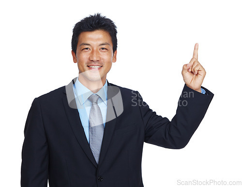 Image of Happy businessman, portrait or pointing up hand on isolated white background at finance sale or mockup deal. Smile, worker or corporate asian showing marketing space, advertising or promotion mock up