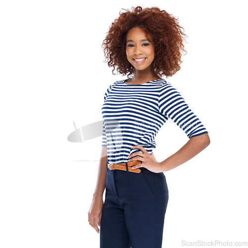 Image of Portrait, smile and black woman in studio, white background and isolated pose. Happy female model, trendy fashion and casual outfit style with afro, motivation and happiness of confident empowerment