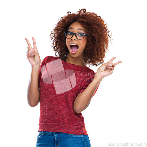 Image of Portrait, peace and excited with a model black woman posing in studio isolated on a white background. Social media, emoji and hand sign with a female feeling surprised with a wow expression