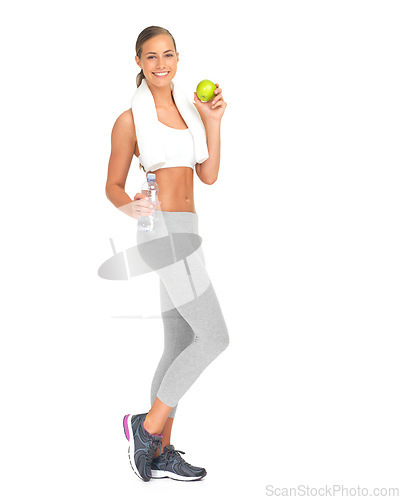 Image of Woman, apple and bottle water in diet planning, healthy eating or weight loss against a white studio background. Portrait of isolated young female holding fruit or liquid for organic food or vitamins