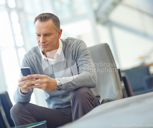 Image of Travel, research or business man with phone for invest strategy, finance growth or financial review. CEO, airport or manager with smartphone for planning, data analysis or investment economy search
