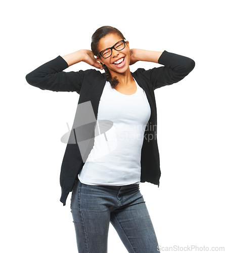 Image of Girl student, studio and silly dance with smile, focus and funny time by white background for success. Young black woman, glasses and isolated for comic laughing, development or future education goal