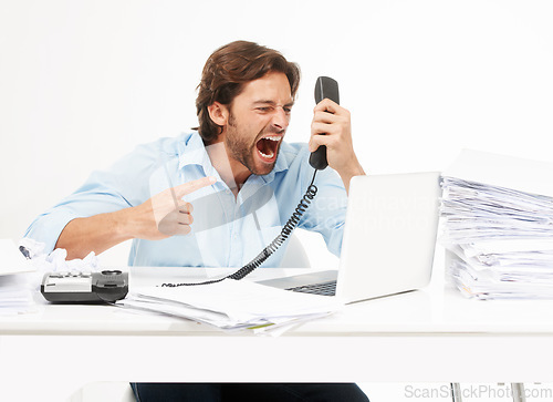 Image of Telephone call, shout and business man angry over bad tech support, poor customer service or communication problem. Administration anger, accounting paperwork or studio accountant on white background