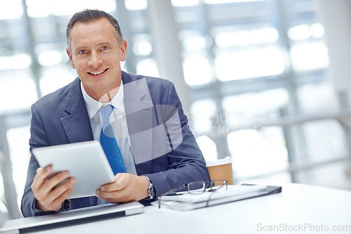 Image of Smile, corporate or businessman with tablet for invest strategy, finance growth or financial review. CEO, portrait or manager in office building planning, data analysis or economy data analytics read