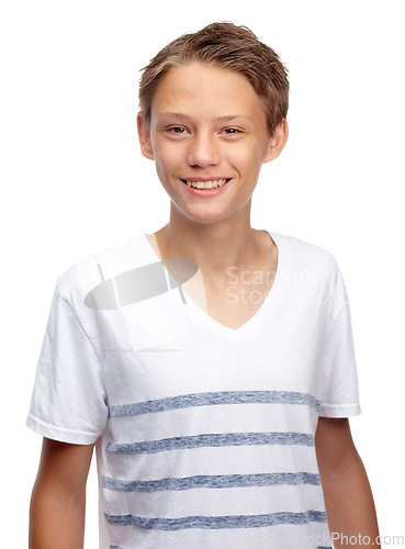 Image of Boy, kid and happy portrait in studio, white background and isolated alone. Face, smile and young child, model and casual kids lifestyle for healthy growth, youth development and confident happiness