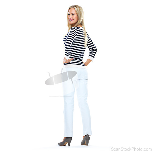 Image of Woman, studio portrait and happy by white background with smile, beauty and jeans with hands on hips. Model, fashion and denim aesthetic with happiness, trendy style and blonde hair with edgy shoes