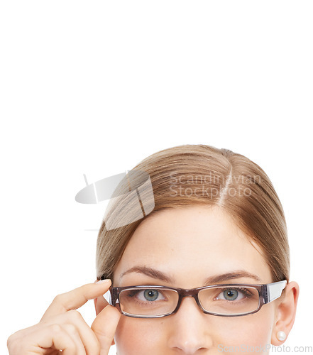 Image of Portrait, mockup and glasses with a woman in studio isolated on a white background for a prescription lenses test. Eyewear, vision or frame with an attractive young female on blank space for eye care